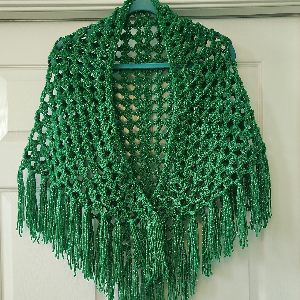 Green Crochet Shawl with Fringe